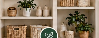 Organized shelving with baskets and plants